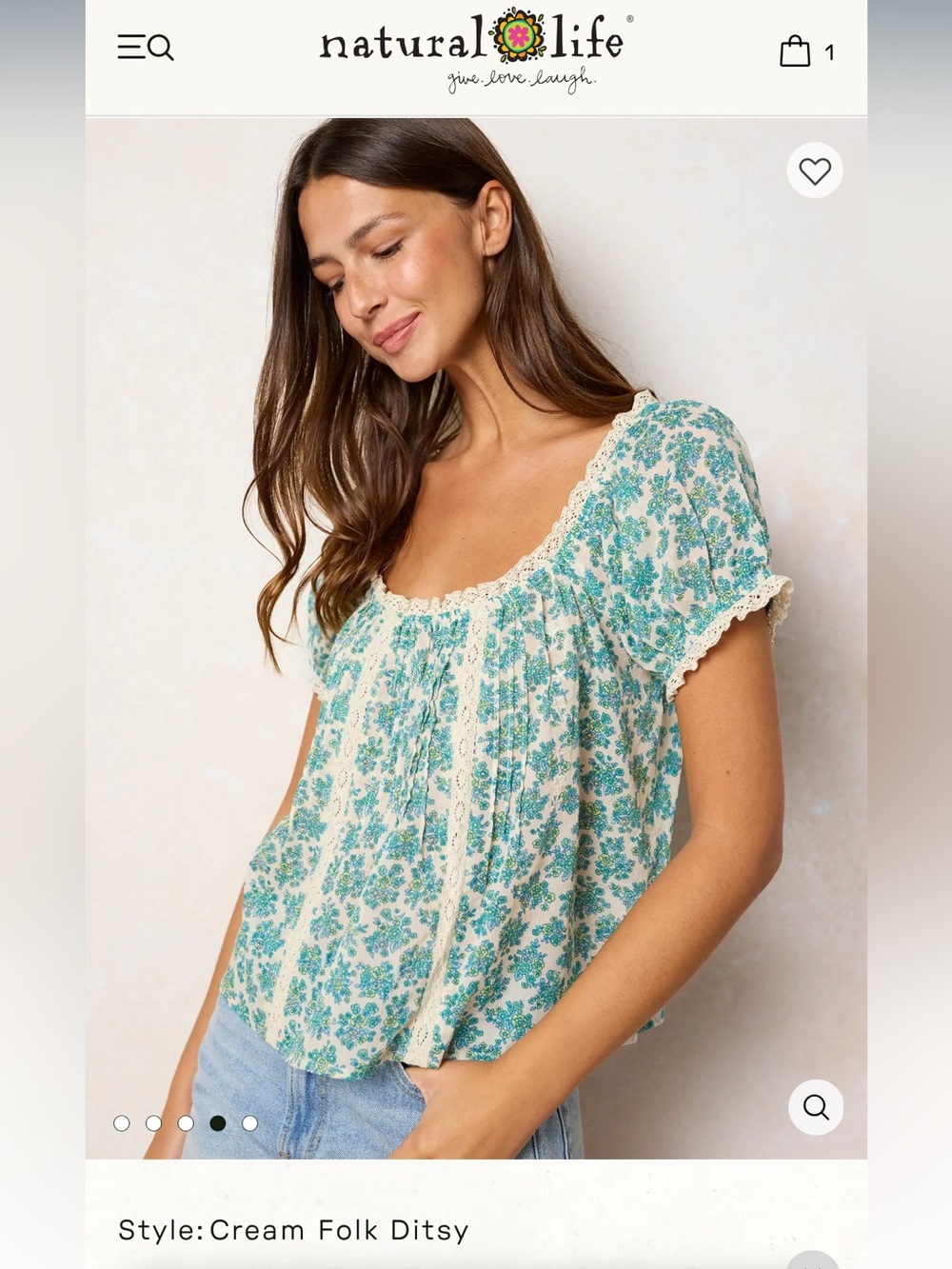 NATURAL LIFE Sweet Nothings Embroidered Top Cream Folk Ditsy Puff-Sleeve Blouse - Picture 5 of 16